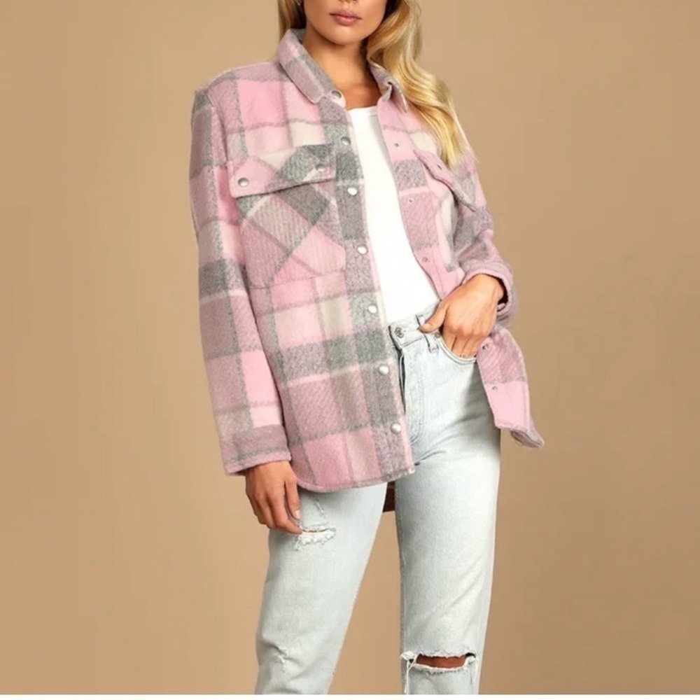 Blank NYC Pink and Gray Plaid Teddy Jacket